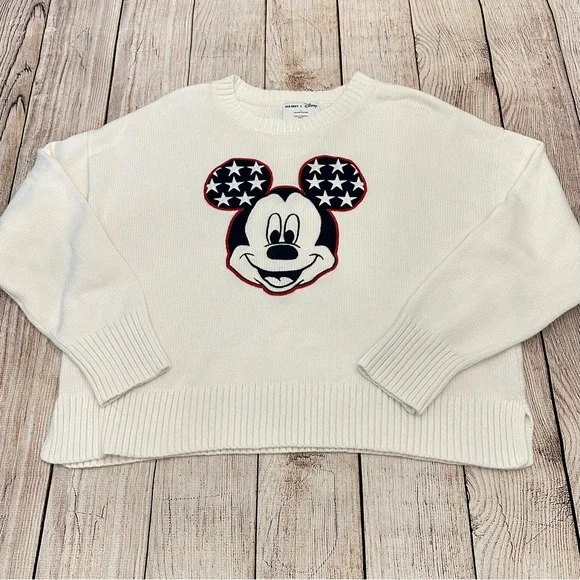 Old Navy Disney White Sweater Large Mickey Mouse Preppy Chunky Knit Americana - Picture 1 of 7